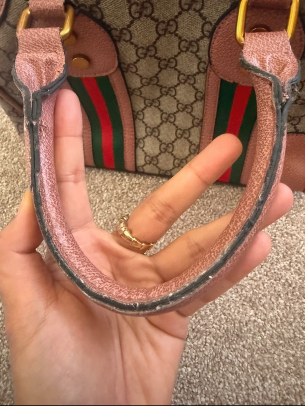 Gucci Brown Monogram Satchel with Pink Trim and Green-Red Web - Picture 4 of 7